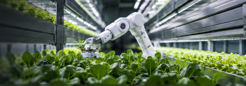 Automated vertical farming facility with robotics and leafy greens